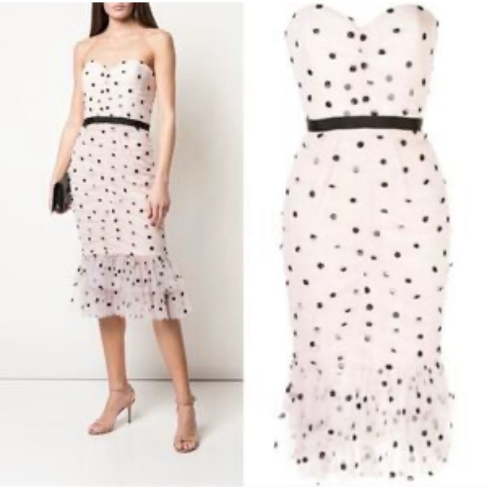 Marchesa Pink and Black Strapless Tiered Sheath Dress